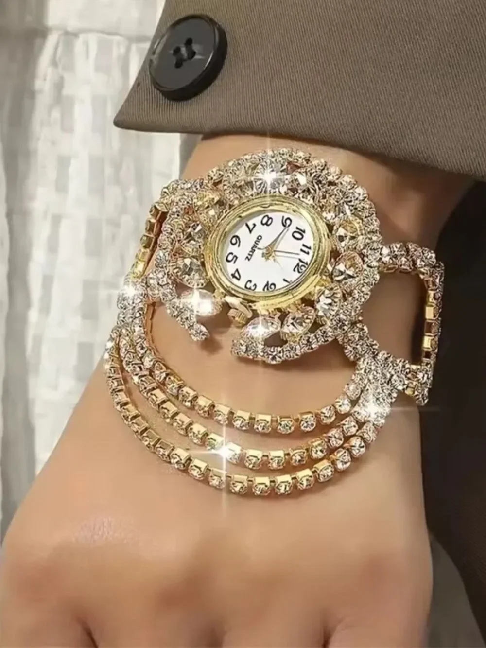 Women Gold Crystal Bracelet Watch Accessories- Battery Included
